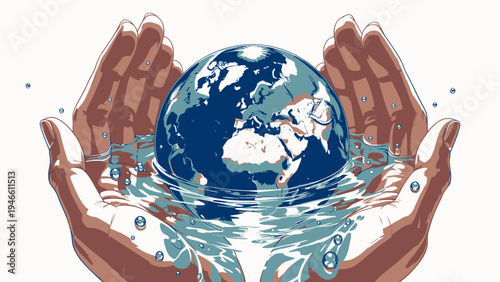 Hands Holding Planet Earth in Water vector illustration