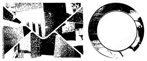 Bold black shapes with halftone texture, abstract composition, graphic design elements, vector art, isolated forms, modern minimalism.