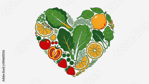 Heart Shape Made of Fresh Fruits and Vegetables vector illustration