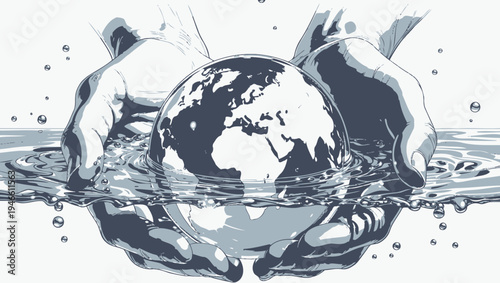 Hands Holding Earth In Water With Splashes vector illustration