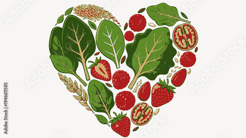 Heart Shape Composed of Fresh Fruits Vegetables and Grains vector illustration