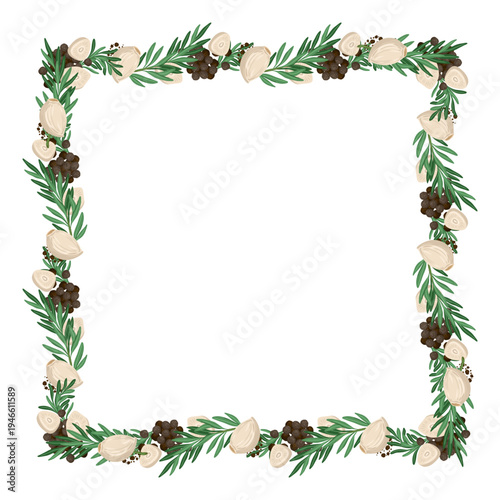 Rosemary twig and garlic clove square frame vector food illustration. Hand drawn cartoon wreath with black peppercorn. Fresh organic ingredient for menu design. Perfect for logo or product packaging.