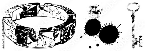 Graphic set of a textured ashtray, ink blots, and a distressed key, isolated vector art, black and white, stylized symbols, urban decay motifs.