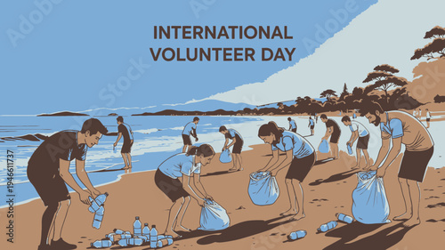 International Volunteer Day Beach Cleanup vector illustration