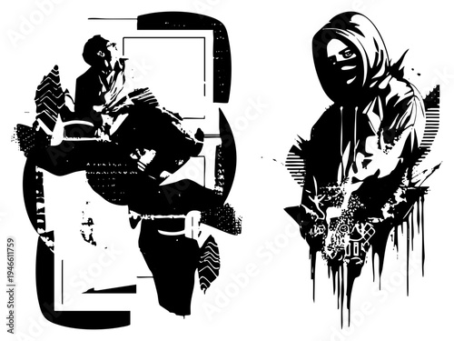 Silhouetted street artist and masked hooded figure, stencil graffiti style, urban rebellion motif, black and white vector cutout, edgy street culture.