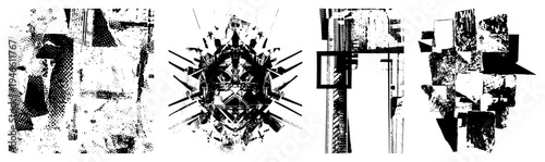 Fragmented geometric compositions with halftone textures, abstract art, vector cutouts, black and white design, graphic elements, modern minimalism, digital art pieces.