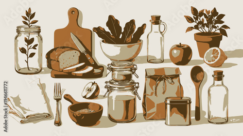 Various Food Preparation Items and Ingredients vector illustration