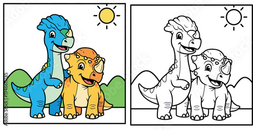 Cute cartoon blue and yellow dinosaur friends hugging in nature, happy prehistoric animal vector illustration for kids, sunny day background