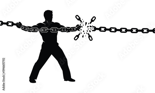 Strong man silhouette breaking heavy metal chains with power concept