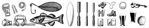 Classic art collection featuring boxing gloves, fishing lure, surfboard, violin, binoculars, and more stylized vector for design, apps, or branding.