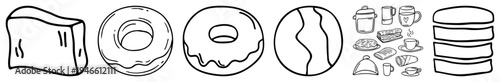 Vector breakfast food, toast, donuts, coffee bean, pastries, mugs, sandwiches, café menu items, minimalist style.