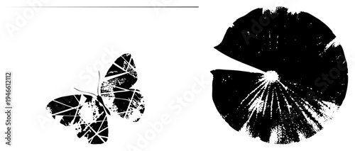 Abstract butterfly with cracked texture and lily pad with radial burst, vector art,, graphic design, nature motifs, isolated elements, halftone effect, art deco influence.