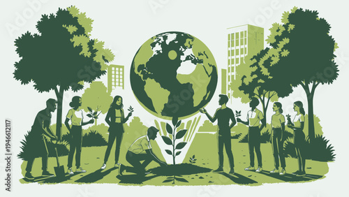 Diverse Group Planting Tree Underneath Earth Icon vector illustration