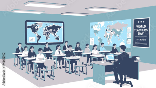 Diverse Students Learning Geography in a Modern Classroom vector illustration