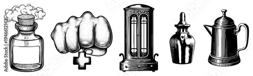 Retro stylized medical vials, clenched fist with, antique barometer, apothecary bottle, French press all rendered in vintage engraved style with hatching and bold.