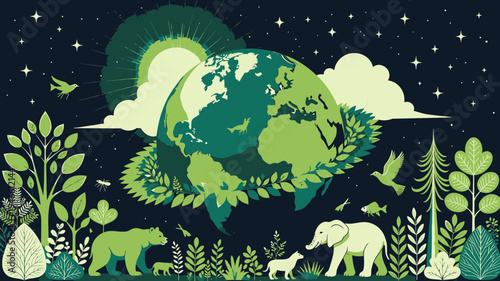 Planet Earth With Diverse Flora And Fauna vector illustration