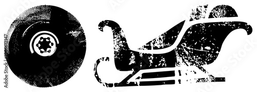 Retro sled silhouette with distressed texture, vinyl record with central label, vector design, holiday or music themed graphic elements.