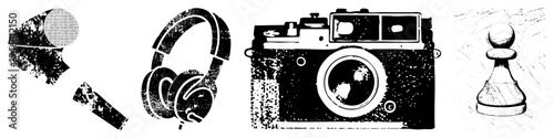Retro styled camera, over ear headphones, chess pawn, vintage microphone all rendered as distressed vector. Classic design elements for creative projects.