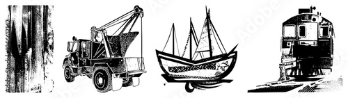 Black and white halftone illustrations of a tow truck, sailboat, train, and tree trunk, graphic vector art, isolated elements, bold, stylized transportation and nature motifs.