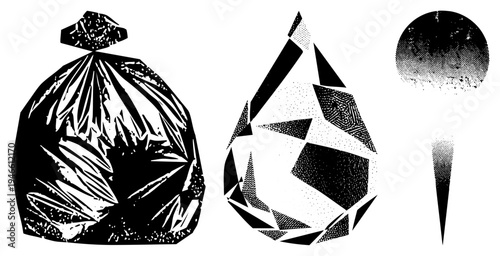 Black and white vector shapes with halftone textures, geometric forms, stylized droplet and sphere, graphic design elements, isolated vector.