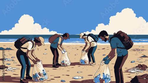 Volunteers Cleaning Up Polluted Beach vector illustration