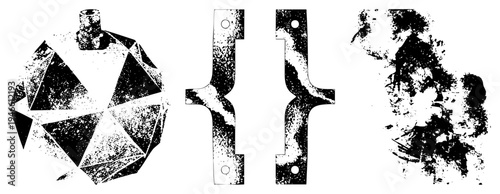 Abstract vector forms with halftone grain, fragmented polygonal, and distressed textures, ideal for graphic design or digital art compositions.