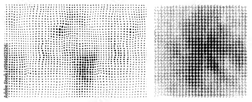 Black and white halftone graphic using varying dot density to simulate shading, vector art, print design element, screen printing, typography background texture.