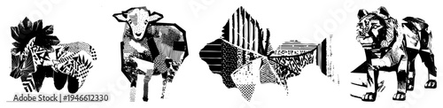 Abstract animals rendered with bold geometric shapes and halftone textures, vector art, stylized wildlife, graphic design elements, isolated foreground, illustration.