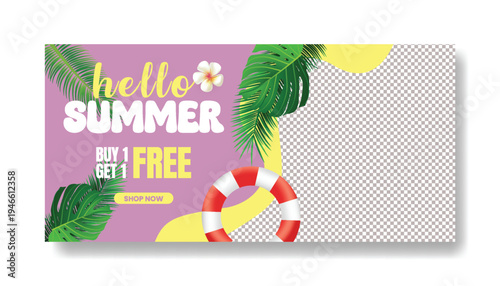Summer Sale Marketing Banner Template with Tropical Beach Background, Palm Leaves and Sunglasses Vector Illustration, Modern Ecommerce Promotion Header for Social Media Cover Website Advertising