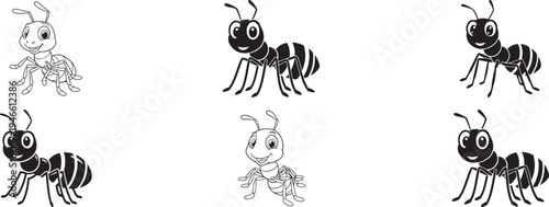 Six Cartoon Ants In Black And White And Solid Black