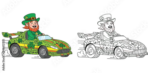 St. Patrick's Day leprechaun driving a green shamrock sports car. Colored and black and white outline version for coloring book page, vector illustration.