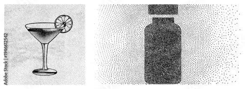 Martini glass holding cocktail with citrus garnish, medicine bottle, halftone dot, vector illustration, isolated elements, vintage medical aesthetic.