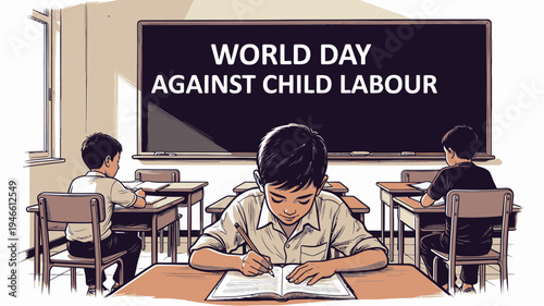World Day Against Child Labour - Children In Classroom vector illustration