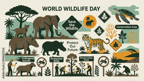 World Wildlife Day Poster Diverse Animals Conservation Efforts and Nature Scenes vector illustration
