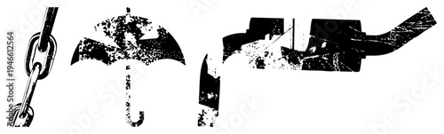 Weathered chain, corroded umbrella, industrial pipe gritty vector symbols, distressed texture, urban decay aesthetic, isolated design elements.