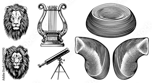 Classic engraved illustrations of lion heads, lyre, telescope, and torus pipes, rendered in halftone and contour, ideal for retro design or technical schematics.