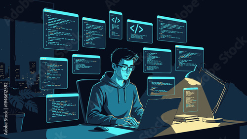 Programmer Working Late Night With Multiple Code Screens vector illustration