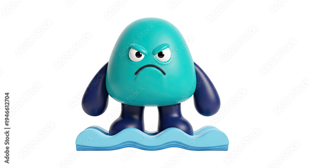 Obraz premium Grumpy Teal Blob Monster Standing in Blue Waves