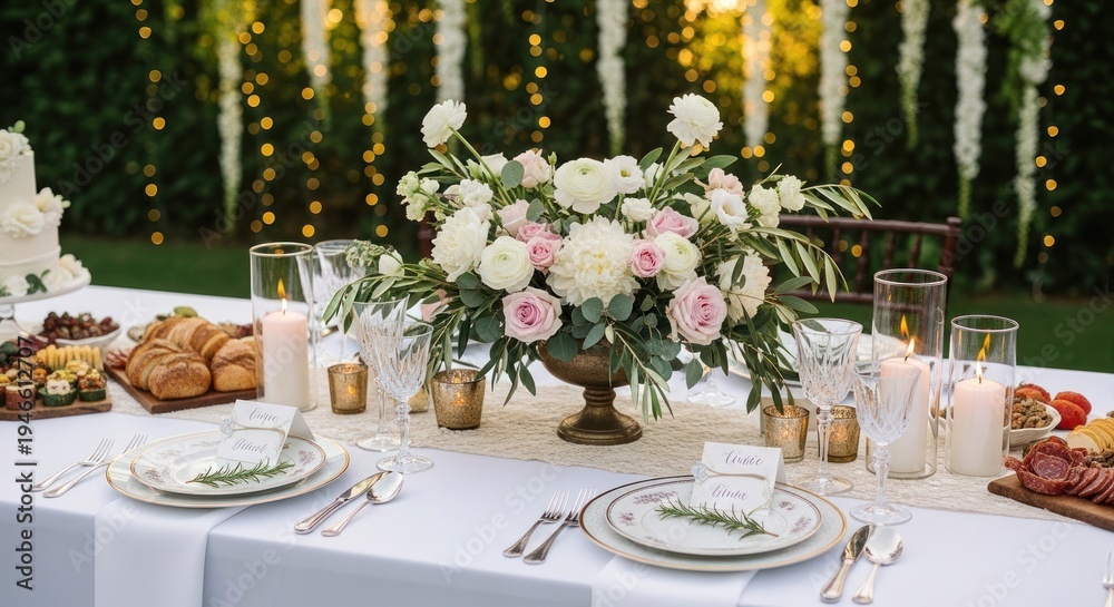 Fototapeta premium A beautifully decorated table set for a formal dinner, with a centerpiece of white flowers and candles, surrounded by plates of food, including a cake, and a variety of drinks.