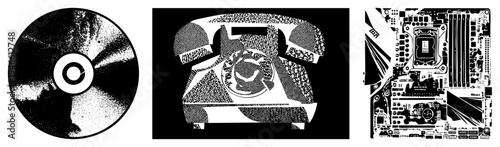 Vintage rotary telephone rendered in halftone dots, classic analog communication device, old school dialer, telephone, telecom relic.