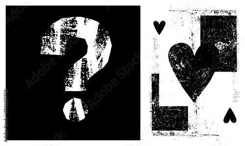 Distressed question mark and heart with textured overlay, vector symbols for branding or UI, abstract shapes, stylized graphic elements.