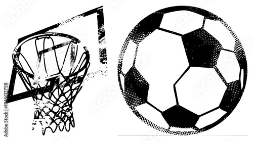 Basketball rim with net and backboard, soccer ball with hexagon panels, halftone style, sports equipment symbols, athletic gear graphics.