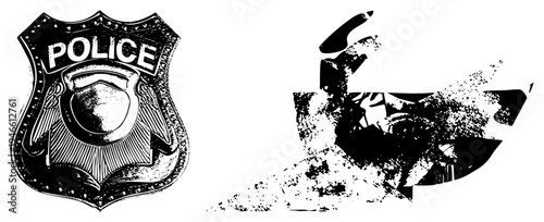 Police emblem with wings and shield, broken badge, law enforcement symbol, badge, fractured law, official insignia, justice emblem.