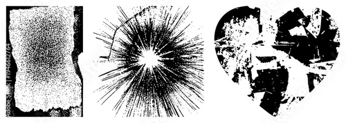 Fragmented halftone textures, stippled gradients, radial burst shapes, graphic design elements, vector art, isolated motifs, stylized noise.