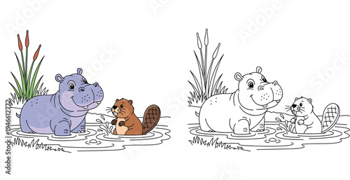 Cute cartoon hippo and beaver friends playing in a pond vector illustration. Happy hippopotamus and rodent character in water with cattails for children, nursery, or nature design.