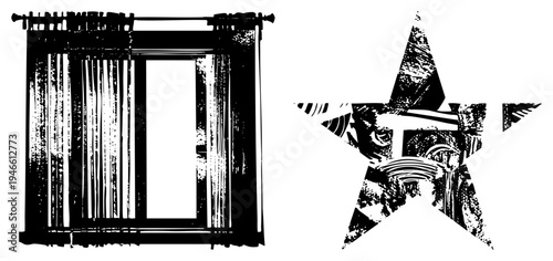 Black and white stylized window with curtains, textured star shape, graphic art, vector illustration, halftone effect, urban decor, retro design.