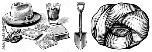 Classic fedora hat, playing cards, rose, shot glass, shovel, and yarn bundle, halftone engraved style, noir illustration, isolated objects, gambling or detective theme.