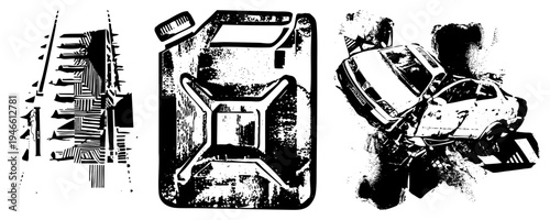 Stylized mechanical components and wrecked vehicle rendered in bold halftone, vector graphic, industrial decay, mechanical chaos, isolated cutout, graphic design asset.