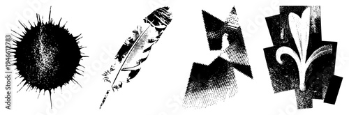 Four stylized vector ink blot, feather quill, halftone bird, fleur de lis symbol, graphic, artistic, design elements.