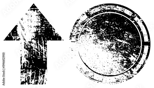 Worn arrow symbol pointing up, circular stamp with grunge texture, vector with distressed effect, design elements for UI, graphic assets with vintage aesthetic.